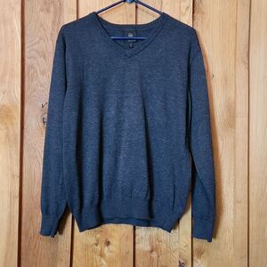 FX Fusion Cozy Dark Gray V-Neck Preppy Cotton Blend Knit Pullover Sweater, Large